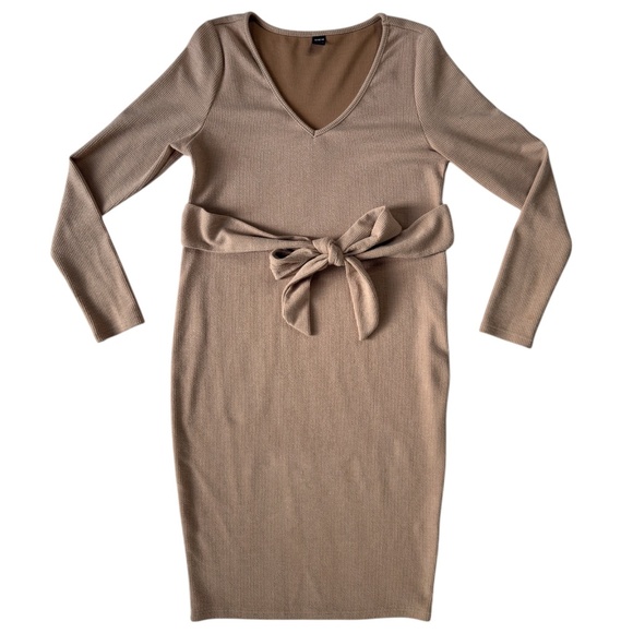 SHEIN Dresses & Skirts - SHEIN Maternity Sweater Rib-Knit V Neck Belted Bodycon Dress Stretch Apricot L
